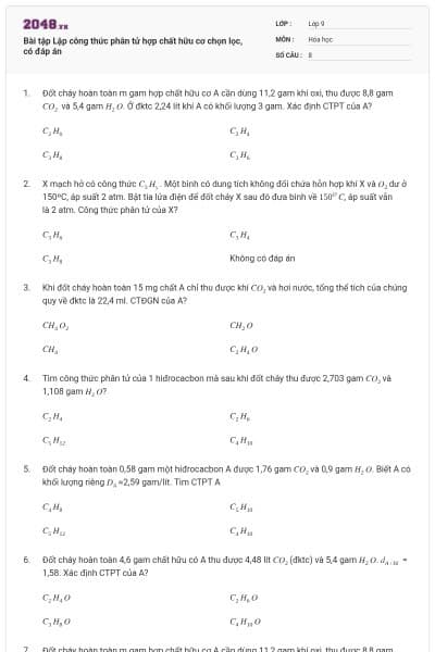 Bài tập Lập công thức phân tử hợp chất hữu cơ chọn lọc, có đáp án
