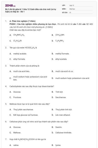 Bộ 3 đề thi giữa kì 1 Hóa 12 Cánh diều cấu trúc mới (có tự luận) có đáp án - Đề 1
