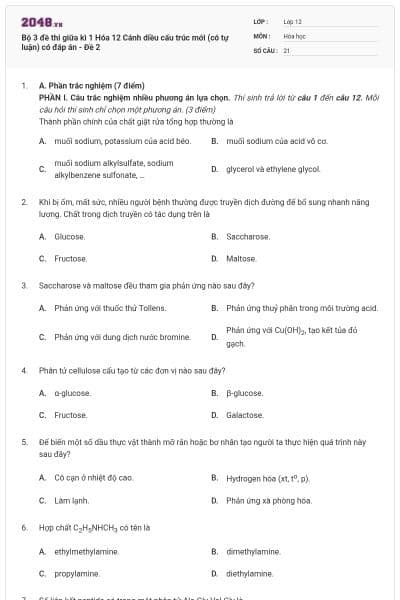 Bộ 3 đề thi giữa kì 1 Hóa 12 Cánh diều cấu trúc mới (có tự luận) có đáp án - Đề 2