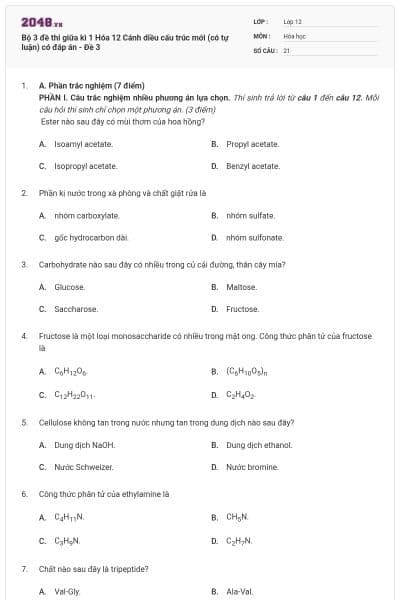 Bộ 3 đề thi giữa kì 1 Hóa 12 Cánh diều cấu trúc mới (có tự luận) có đáp án - Đề 3