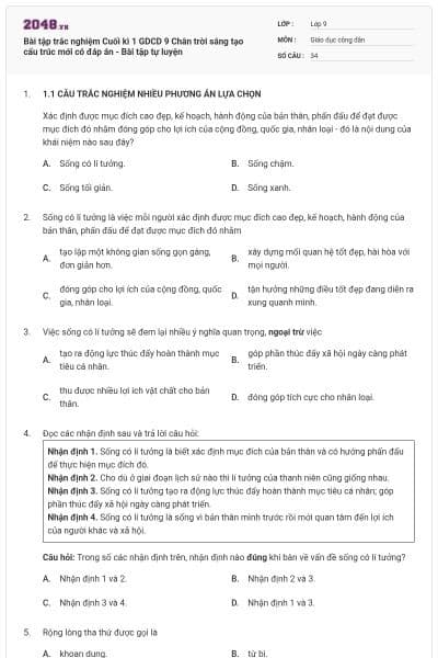Bài tập trắc nghiệm Cuối kì 1 GDCD 9 Chân trời sáng tạo cấu trúc mới có đáp án - Bài tập tự luyện