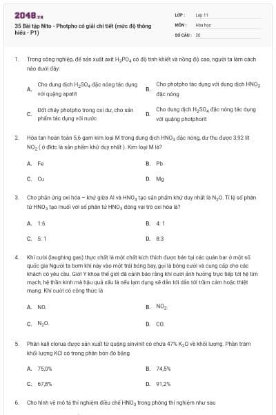 35 Bài tập Nito - Photpho có giải chi tiết (mức độ thông hiểu - P1)