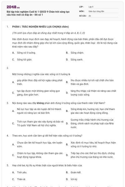 Bài tập trắc nghiệm Cuối kì 1 GDCD 9 Chân trời sáng tạo cấu trúc mới có đáp án - Đề số 1