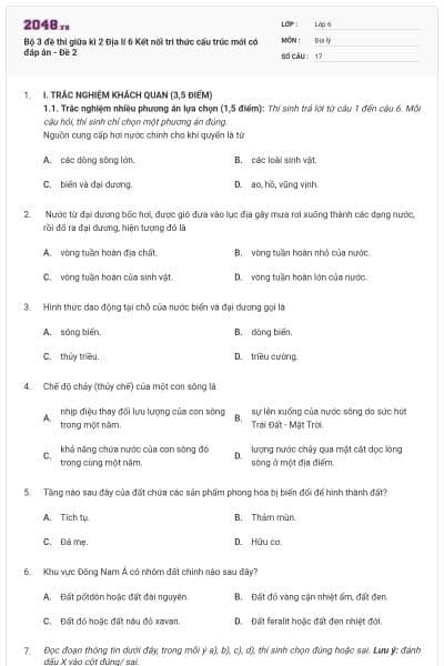 Bộ 3 đề thi giữa kì 2 Địa lí 6 Kết nối tri thức cấu trúc mới có đáp án - Đề 2