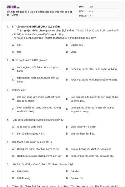 Bộ 3 đề thi giữa kì 2 Địa lí 6 Cánh Diều cấu trúc mới có đáp án - Đề 01