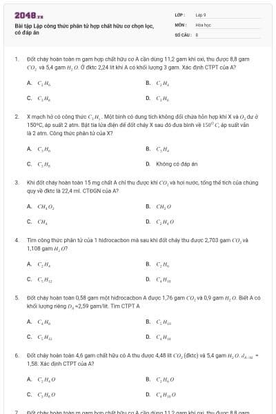 Bài tập Lập công thức phân tử hợp chất hữu cơ chọn lọc, có đáp án