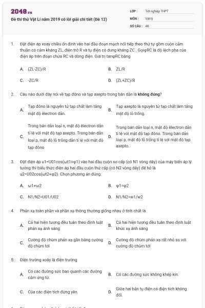 Đề thi thử Vật Lí năm 2019 có lời giải chi tiết (Đề 12)
