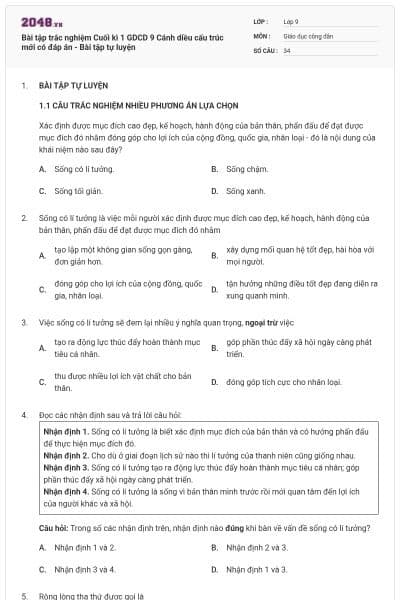 Bài tập trắc nghiệm Cuối kì 1 GDCD 9 Cánh diều cấu trúc mới có đáp án - Bài tập tự luyện