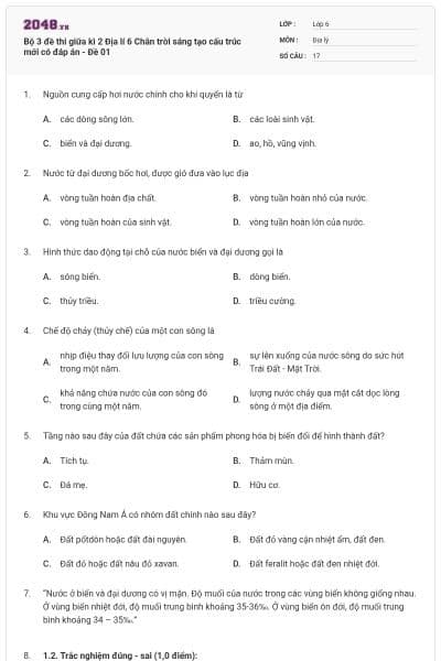 Bộ 3 đề thi giữa kì 2 Địa lí 6 Chân trời sáng tạo cấu trúc mới có đáp án - Đề 01