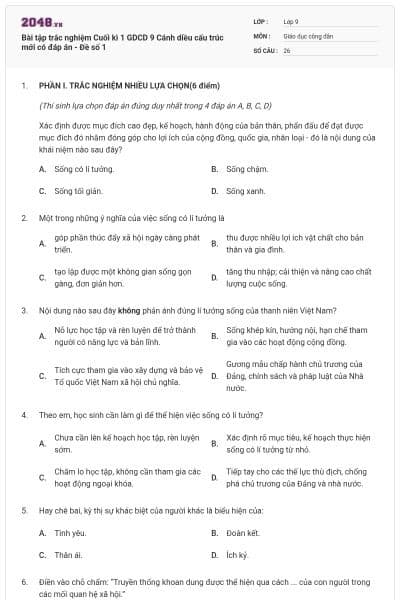 Bài tập trắc nghiệm Cuối kì 1 GDCD 9 Cánh diều cấu trúc mới có đáp án - Đề số 1