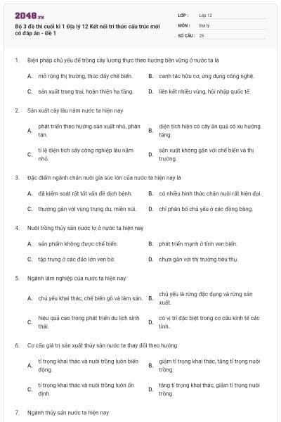 Bộ 3 đề thi cuối kì 1 Địa lý 12 Kết nối tri thức cấu trúc mới có đáp án - Đề 1