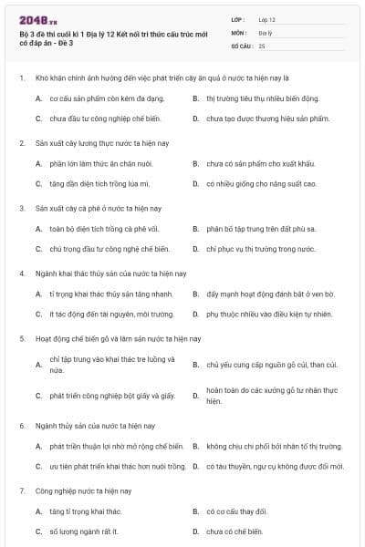 Bộ 3 đề thi cuối kì 1 Địa lý 12 Kết nối tri thức cấu trúc mới có đáp án - Đề 3