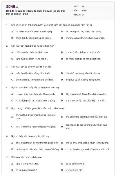 Bộ 3 đề thi cuối kì 1 Địa lý 12 Chân trời sáng tạo cấu trúc mới có đáp án - Đề 2