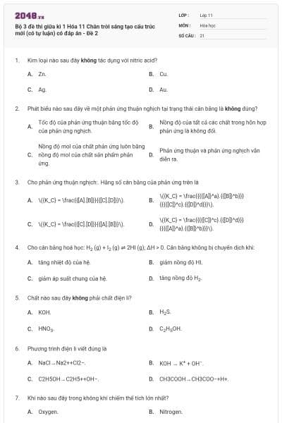 Bộ 3 đề thi giữa kì 1 Hóa 11 Chân trời sáng tạo cấu trúc mới (có tự luận) có đáp án - Đề 2