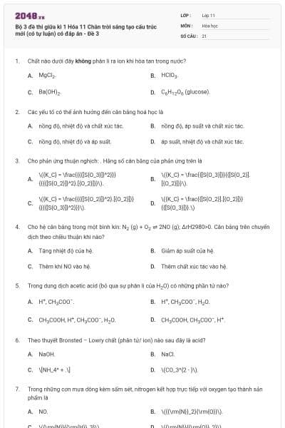Bộ 3 đề thi giữa kì 1 Hóa 11 Chân trời sáng tạo cấu trúc mới (có tự luận) có đáp án - Đề 3