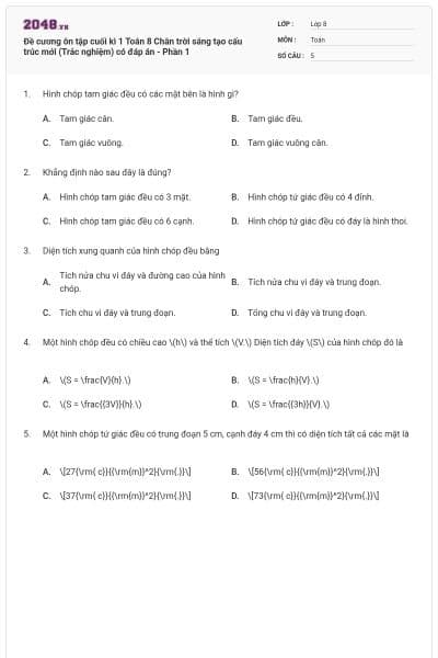 Đề cương ôn tập cuối kì 1 Toán 8 Chân trời sáng tạo cấu trúc mới (Trắc nghiệm) có đáp án - Phần 1