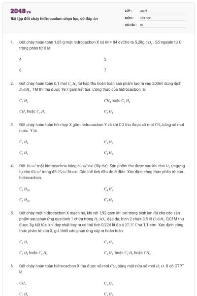 Bài tập đốt cháy hiđrocacbon chọn lọc, có đáp án