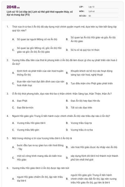 Lịch sử 10 (có đáp án) Lịch sử thế giới thời nguyên thủy, cổ đại và trung đại (P3)