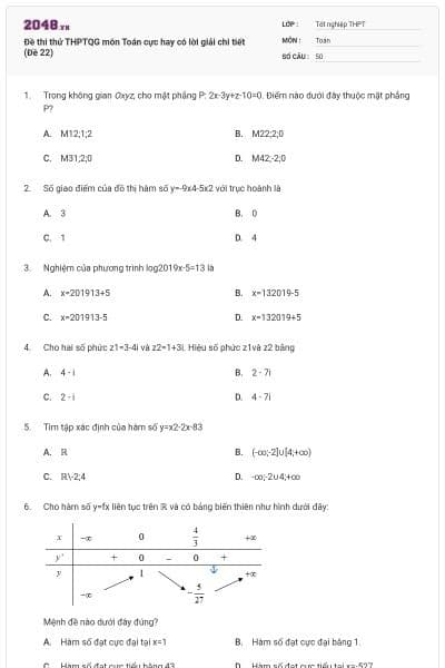 Đề thi thử THPTQG môn Toán cực hay có lời giải chi tiết (Đề 22)