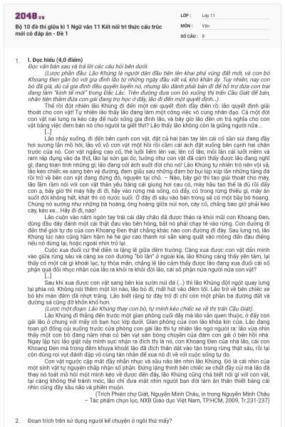 Bộ 10 đề thi giữa kì 1 Ngữ văn 11 Kết nối tri thức cấu trúc mới có đáp án - Đề 1