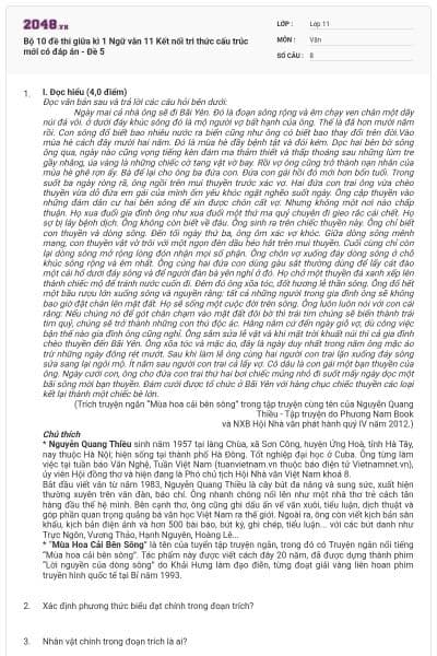 Bộ 10 đề thi giữa kì 1 Ngữ văn 11 Kết nối tri thức cấu trúc mới có đáp án - Đề 5