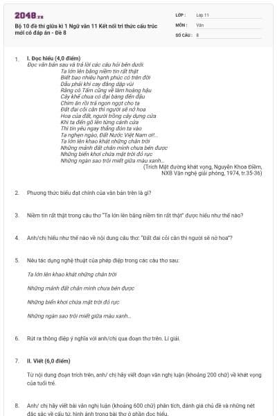 Bộ 10 đề thi giữa kì 1 Ngữ văn 11 Kết nối tri thức cấu trúc mới có đáp án - Đề 8