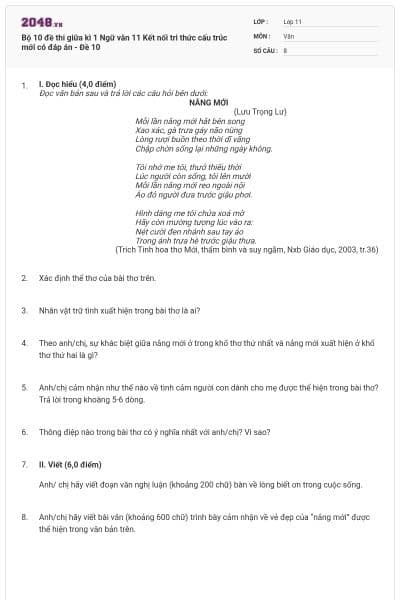 Bộ 10 đề thi giữa kì 1 Ngữ văn 11 Kết nối tri thức cấu trúc mới có đáp án - Đề 10