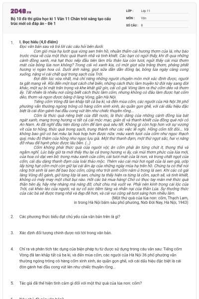 Bộ 10 đề thi giữa học kì 1 Văn 11 Chân trời sáng tạo cấu trúc mới có đáp án - Đề 1