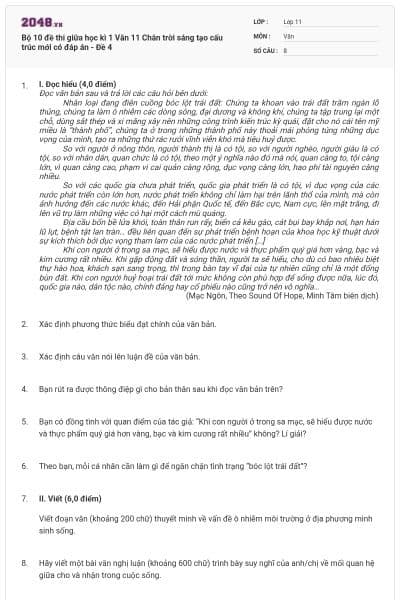 Bộ 10 đề thi giữa học kì 1 Văn 11 Chân trời sáng tạo cấu trúc mới có đáp án - Đề 4