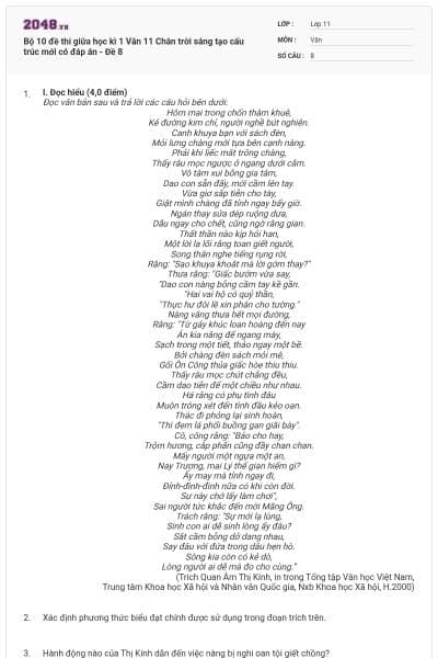 Bộ 10 đề thi giữa học kì 1 Văn 11 Chân trời sáng tạo cấu trúc mới có đáp án - Đề 8