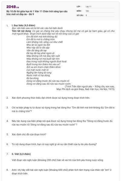Bộ 10 đề thi giữa học kì 1 Văn 11 Chân trời sáng tạo cấu trúc mới có đáp án - Đề 9