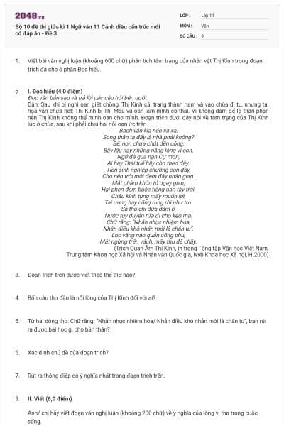 Bộ 10 đề thi giữa kì 1 Ngữ văn 11 Cánh diều cấu trúc mới có đáp án - Đề 3
