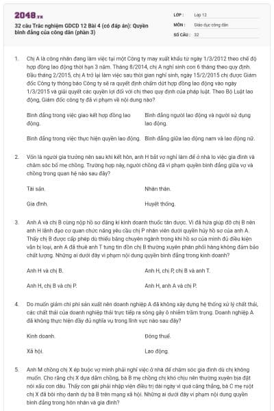 32 câu Trắc nghiệm GDCD 12 Bài 4 (có đáp án): Quyền bình đẳng của công dân (phần 3)