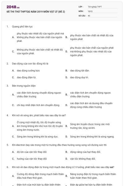ĐỀ THI THỬ THPTQG NĂM 2019 MÔN VẬT LÝ (ĐỀ 2)
