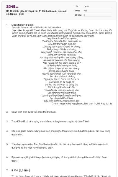 Bộ 10 đề thi giữa kì 1 Ngữ văn 11 Cánh diều cấu trúc mới có đáp án - Đề 8