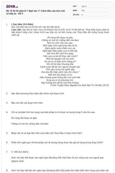 Bộ 10 đề thi giữa kì 1 Ngữ văn 11 Cánh diều cấu trúc mới có đáp án - Đề 9