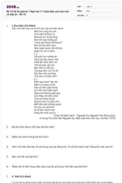 Bộ 10 đề thi giữa kì 1 Ngữ văn 11 Cánh diều cấu trúc mới có đáp án - Đề 10