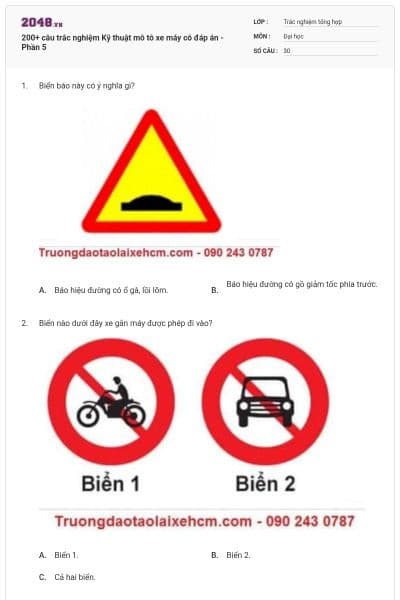 200+ câu trắc nghiệm Kỹ thuật mô tô xe máy có đáp án - Phần 5