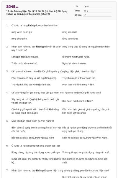 17 câu Trắc nghiệm Địa Lí 12 Bài 14 (có đáp án): Sử dụng và bảo vệ tài nguyên thiên nhiên (phần 2)