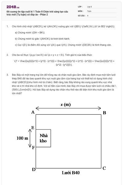 Đề cương ôn tập cuối kì 1 Toán 8 Chân trời sáng tạo cấu trúc mới (Tự luận) có đáp án - Phần 2