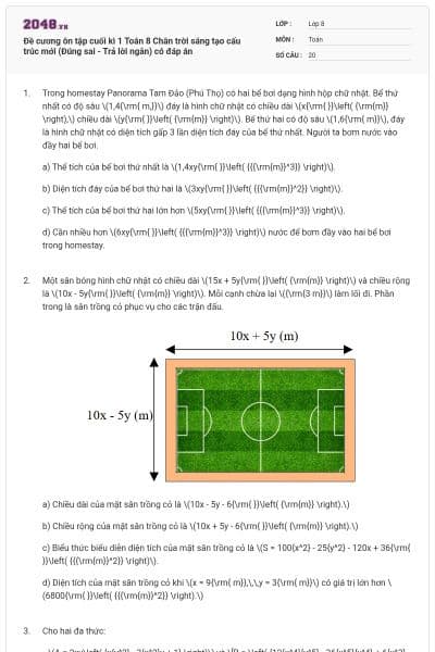 Đề cương ôn tập cuối kì 1 Toán 8 Chân trời sáng tạo cấu trúc mới (Đúng sai - Trả lời ngắn) có đáp án