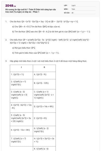 Đề cương ôn tập cuối kì 1 Toán 8 Chân trời sáng tạo cấu trúc mới (Tự luận) có đáp án - Phần 1