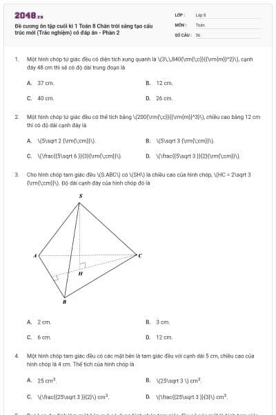 Đề cương ôn tập cuối kì 1 Toán 8 Chân trời sáng tạo cấu trúc mới (Trắc nghiệm) có đáp án - Phần 2