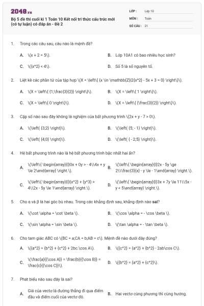 Bộ 5 đề thi cuối kì 1 Toán 10 Kết nối tri thức cấu trúc mới (có tự luận) có đáp án - Đề 2