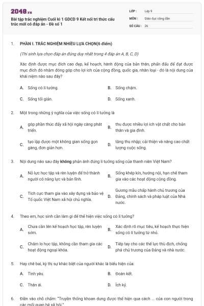 Bài tập trắc nghiệm Cuối kì 1 GDCD 9 Kết nối tri thức cấu trúc mới có đáp án - Đề số 1