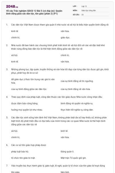 45 câu Trắc nghiệm GDCD 12 Bài 5 (có đáp án): Quyền bình đẳng giữa các dân tộc, tôn giáo (phần 2) (P1)