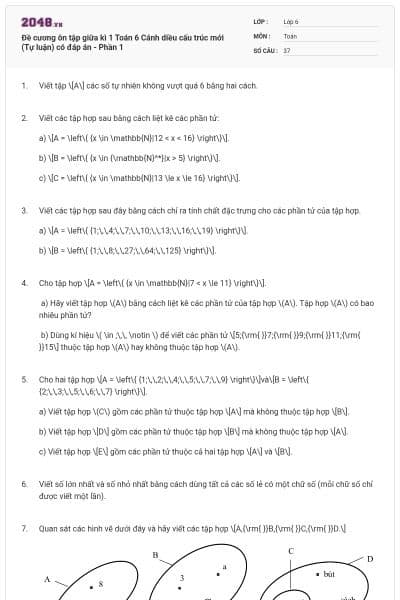 Đề cương ôn tập giữa kì 1 Toán 6 Cánh diều cấu trúc mới (Tự luận) có đáp án - Phần 1