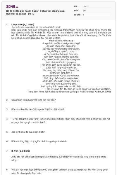 Bộ 10 đề thi giữa học kì 1 Văn 11 Chân trời sáng tạo cấu trúc mới có đáp án - Đề 10