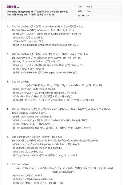 Đề cương ôn tập giữa kì 1 Toán 8 Chân trời sáng tạo cấu trúc mới (Đúng sai - Trả lời ngắn) có đáp án