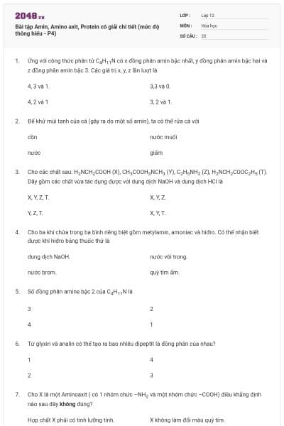 Bài tập Amin, Amino axit, Protein có giải chi tiết (mức độ thông hiểu - P4)